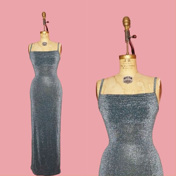 1990s-Y2K ALL THAT JAZZ Green & Silver Glitter Metallic Maxi Dress W/High Slit S - Picture 1 of 9
